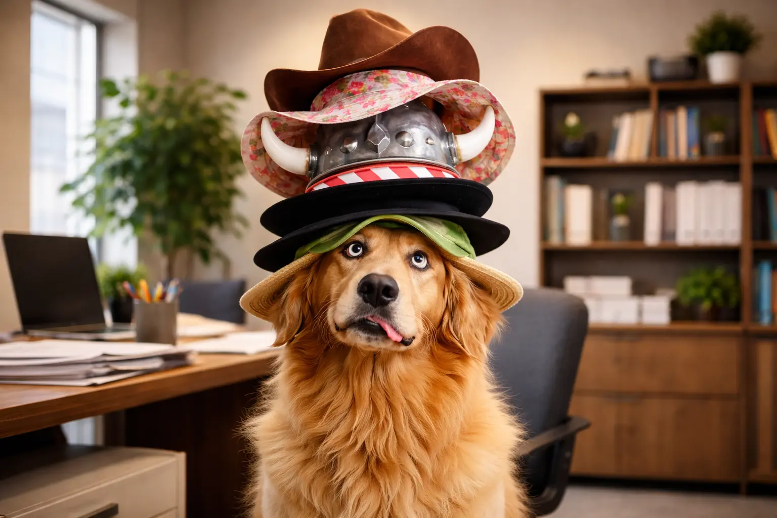 A confused golden retriever wearing too many hats, sitting in an office.
