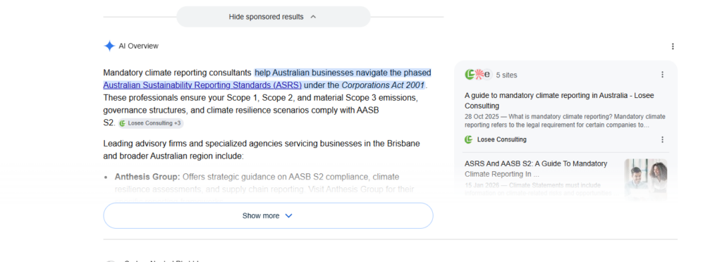 Screen shot of a google AI search result