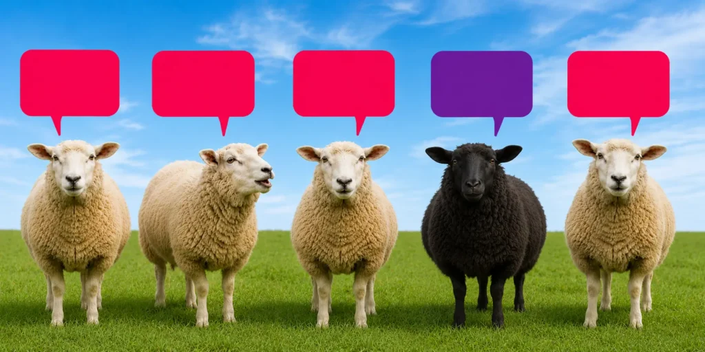 A single black sheep amongst white sheep representing standing out in a crowd of AI generated content