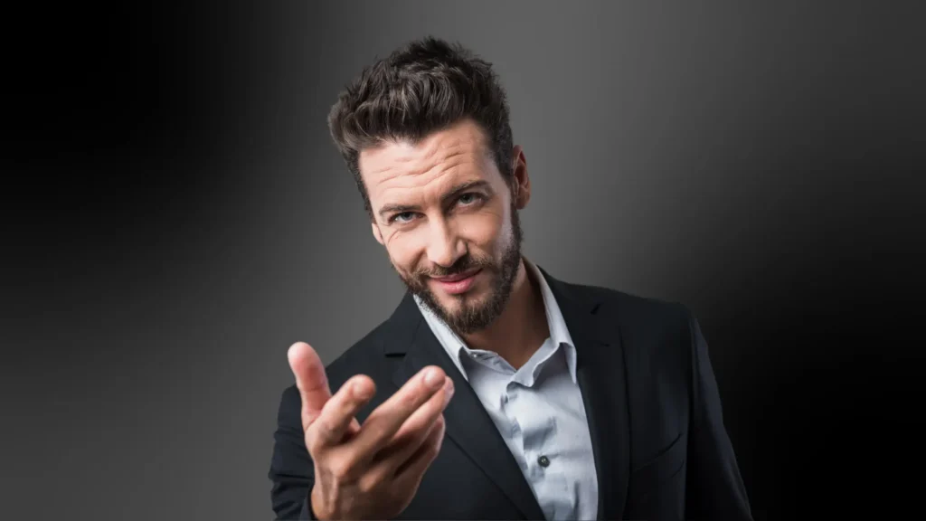 classy man in suit gesturing to come to him